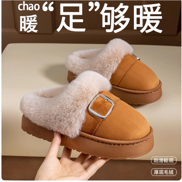 Y A976秋冬季女士棉鞋加厚保暖皮带扣复古款棉拖鞋