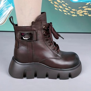 头层牛皮马丁靴女冬季新款防滑软底短靴真皮厚底皮毛一体羊毛棉靴