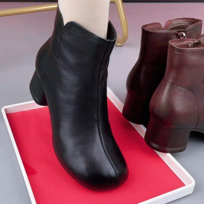 头层牛皮马丁靴女粗跟短靴妈妈鞋