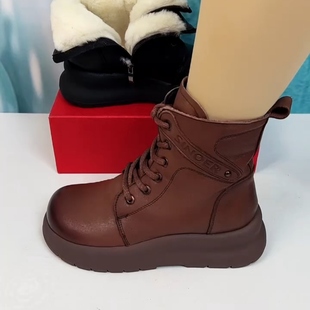 头层牛皮马丁靴女2024年冬季 皮毛一体羊毛短靴真皮厚底雪地靴 新款