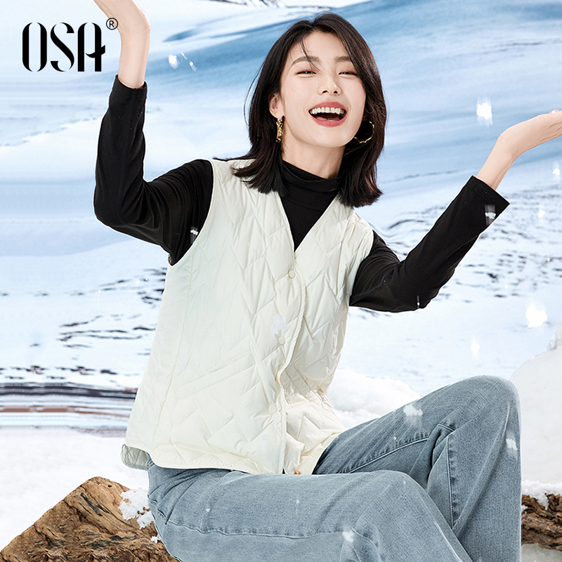 OSA欧莎羽绒马甲女2025春季新款轻薄羽绒服V领小个子内搭叠穿坎肩