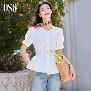 新款 OSA歐莎法式 V領(lǐng)白襯衫 女2025夏季 襯衣收腰顯瘦高級(jí)感氣質(zhì)上衣