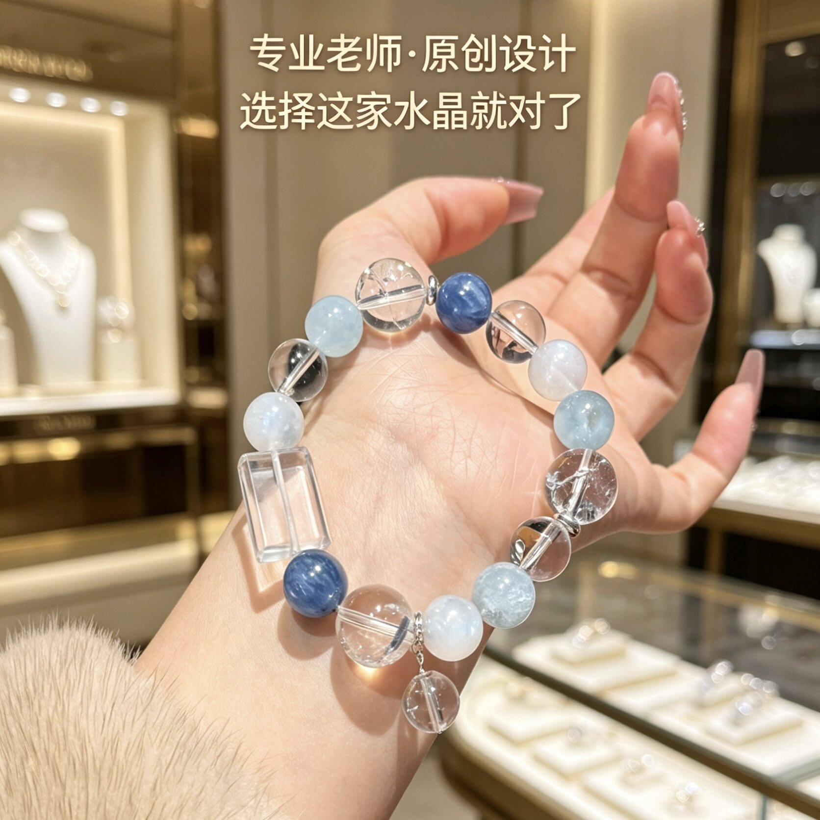 正品水金天然海蓝宝白水晶月光石蓝晶石手链手串喜水金招财转运
