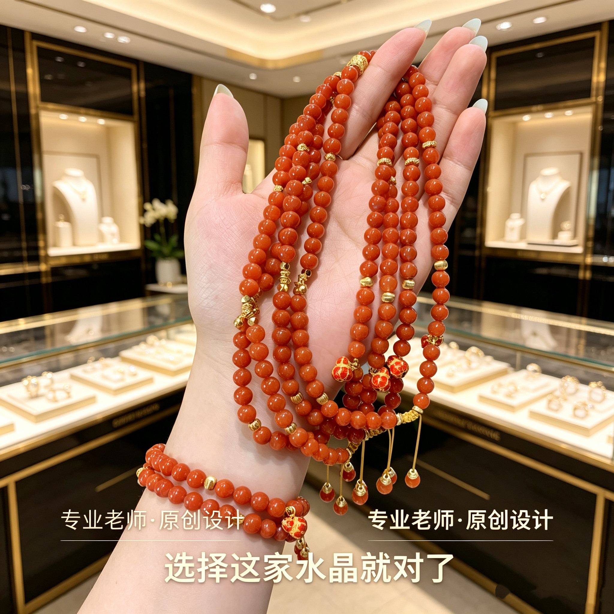 南红手串柿子红玛瑙手链天然川料红色双圈蜜蜡绿松石满肉多圈女款