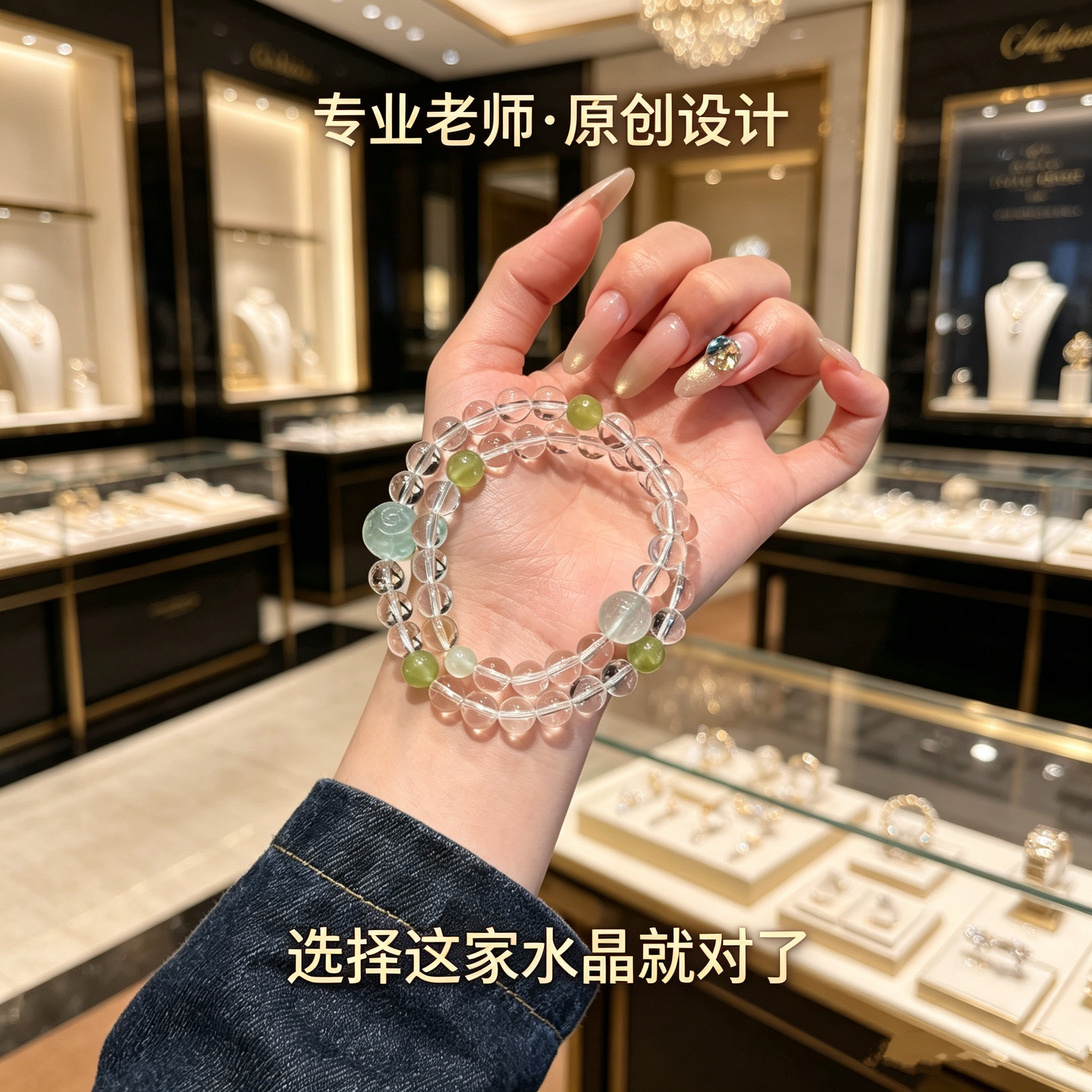 正品原创天然白水晶岫玉双圈招财水晶手串百搭手链金木手链礼物女