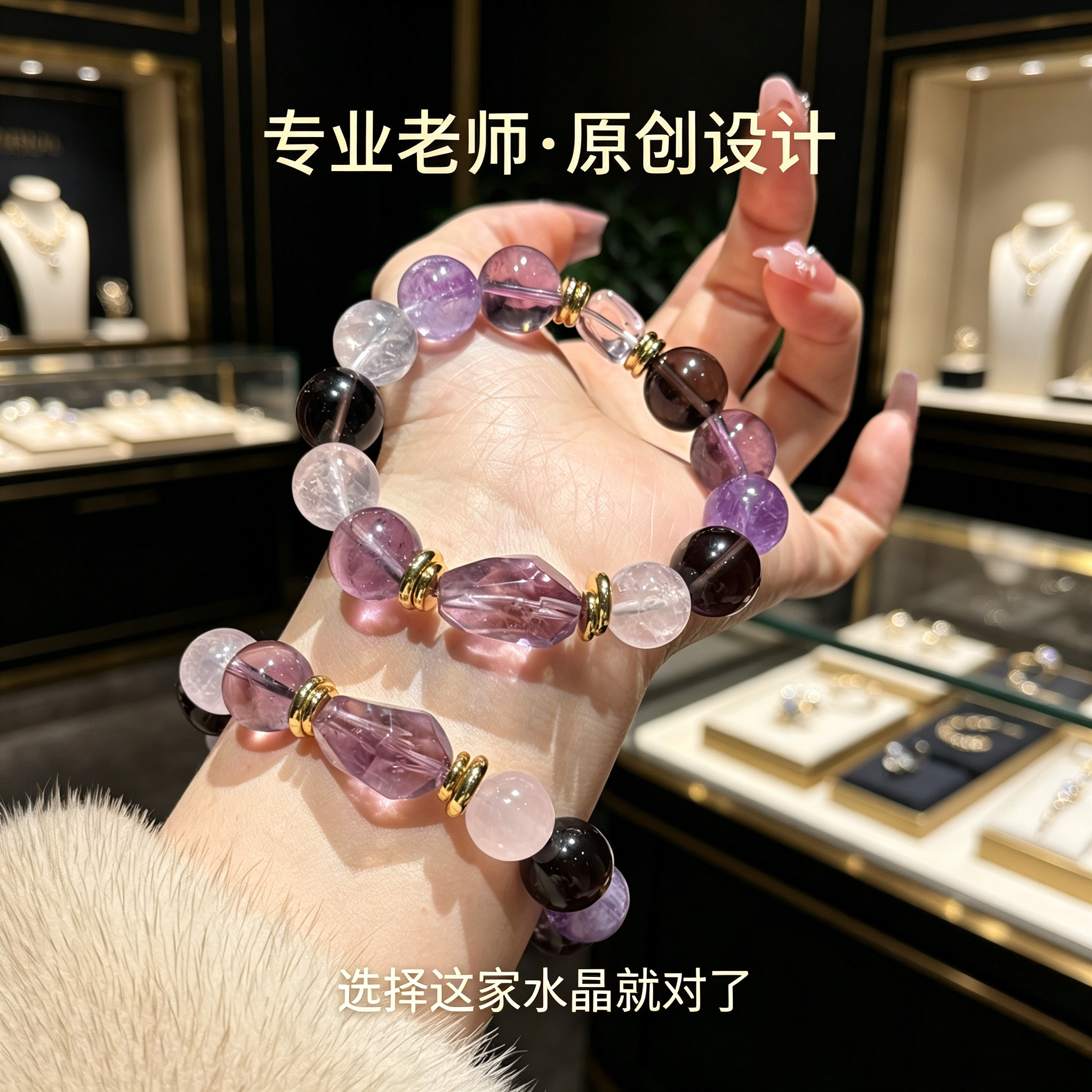 天然紫水晶茶晶手链女粉晶单圈手串招财转运高级感小众闺蜜礼物