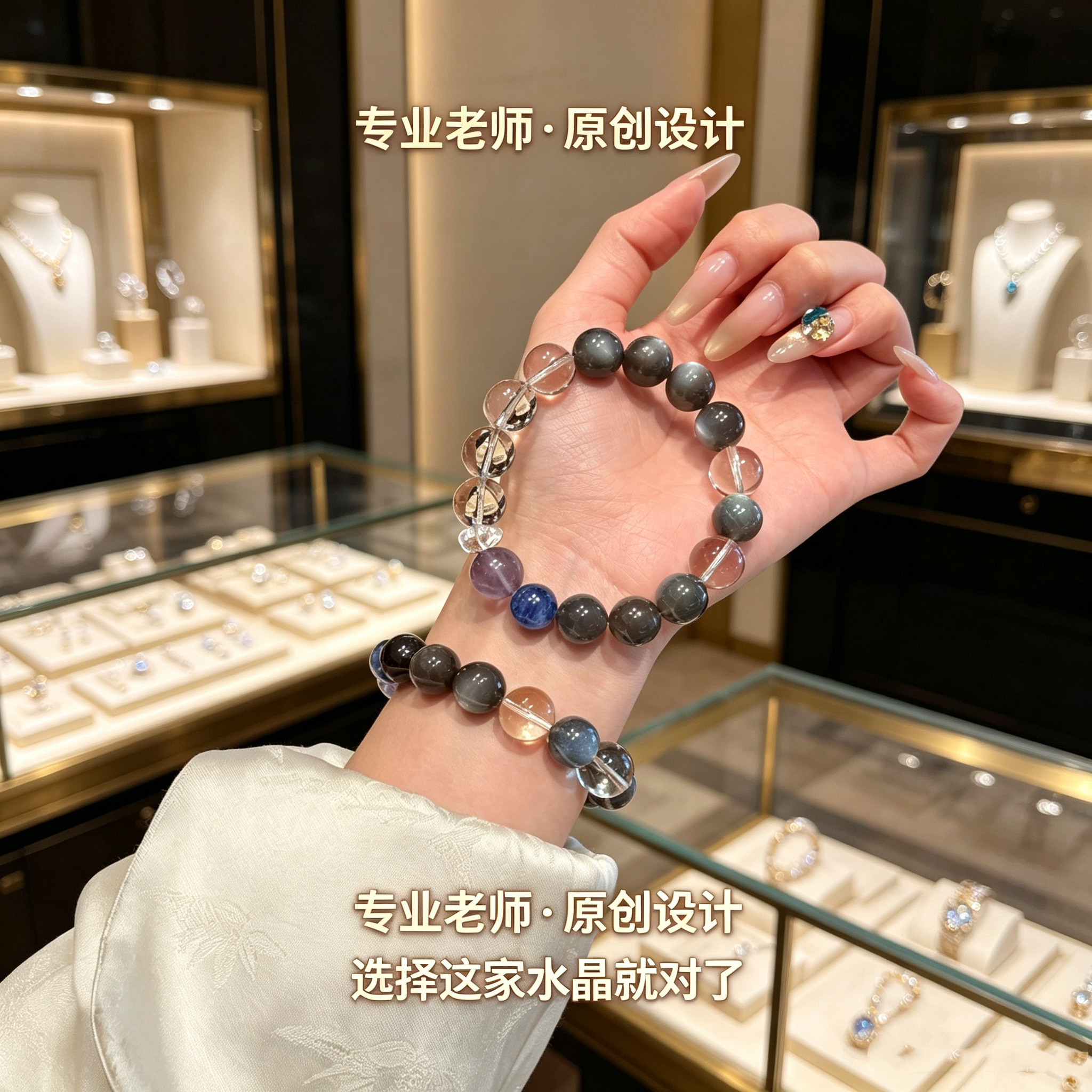 天然喜用水金海蓝宝蓝晶石手链女月光石手串男紫水晶水晶招财礼物