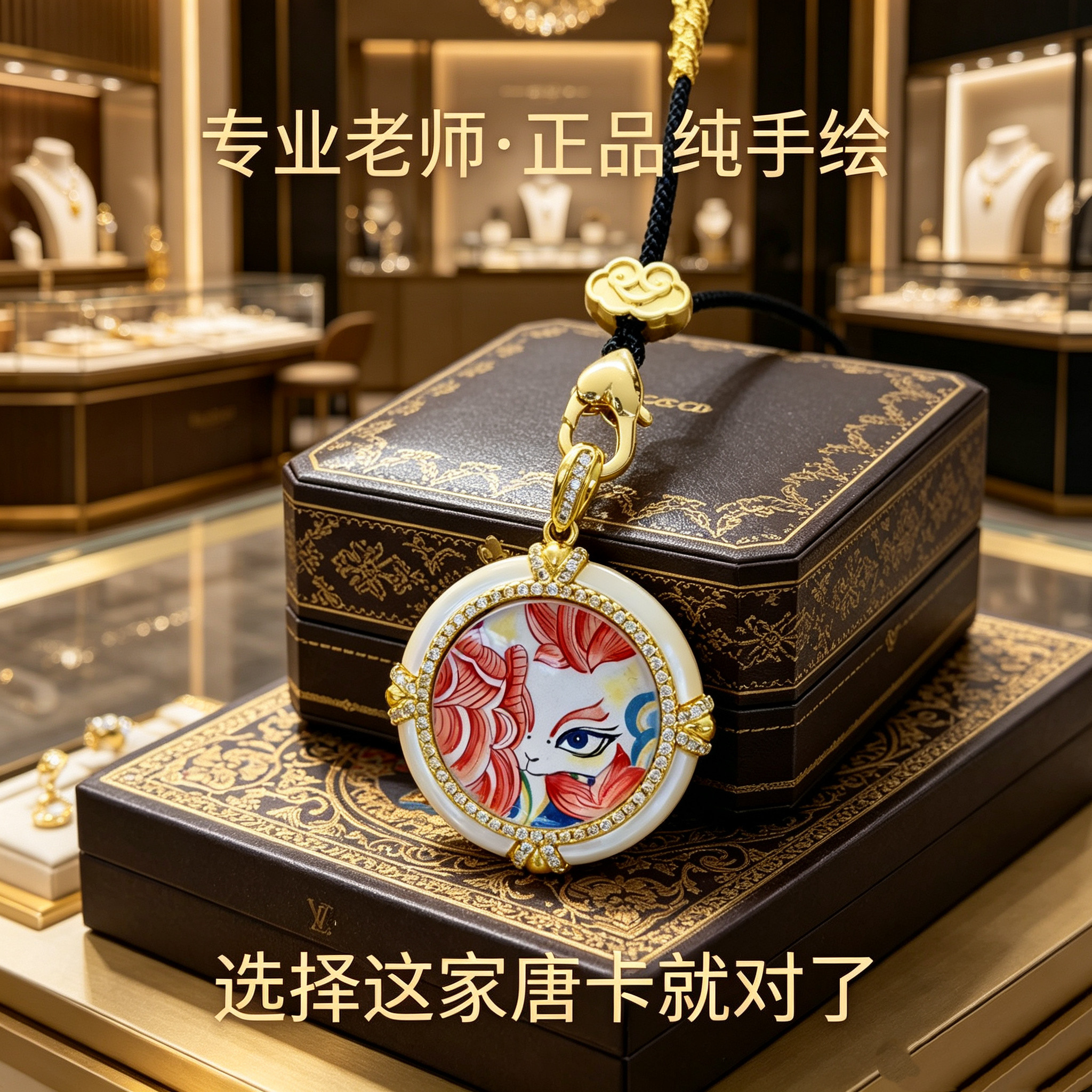 纯手绘九尾狐唐卡吊坠配绳