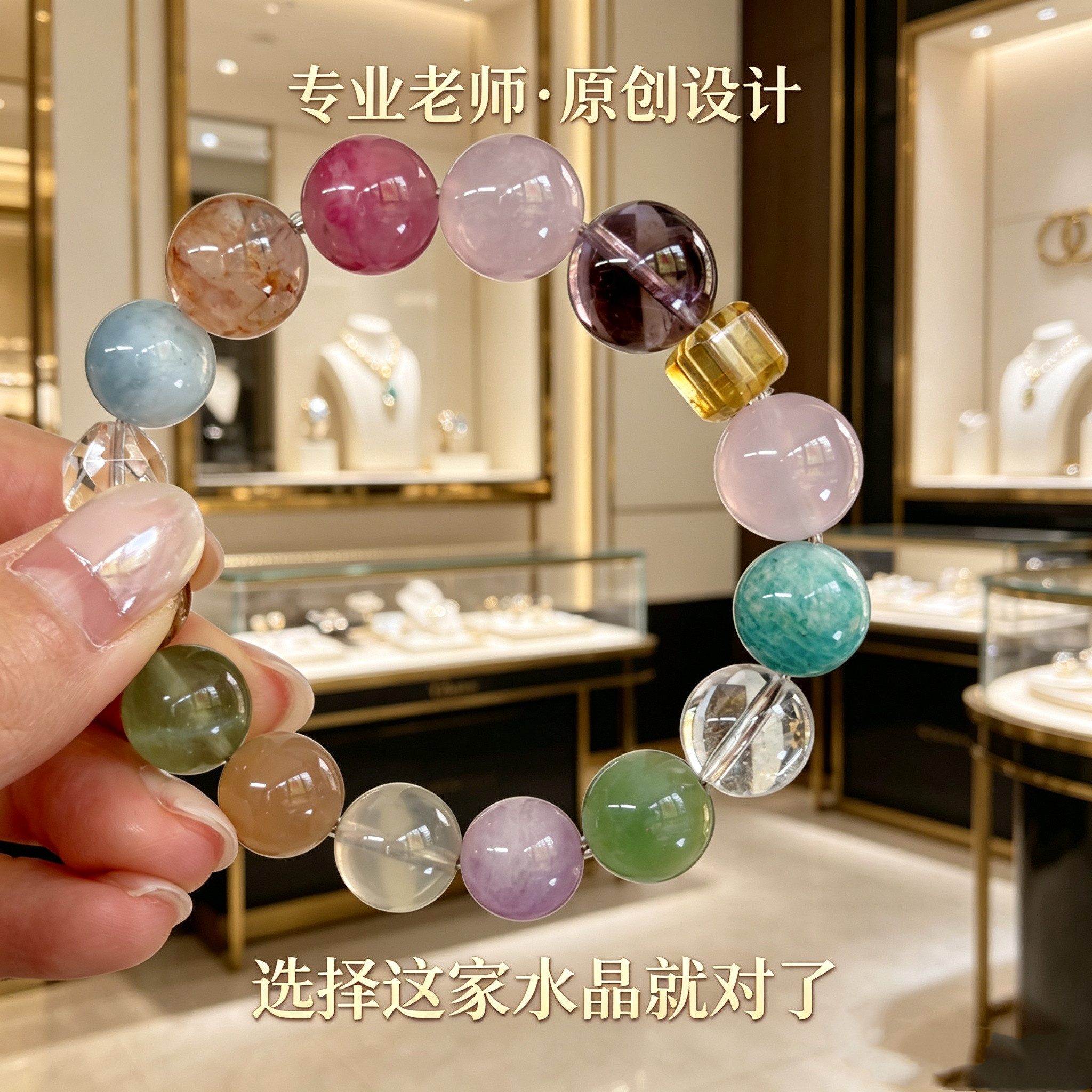 天然水晶多宝手串女款白粉紫黄水晶发晶海蓝宝红胶花手链转运珠串