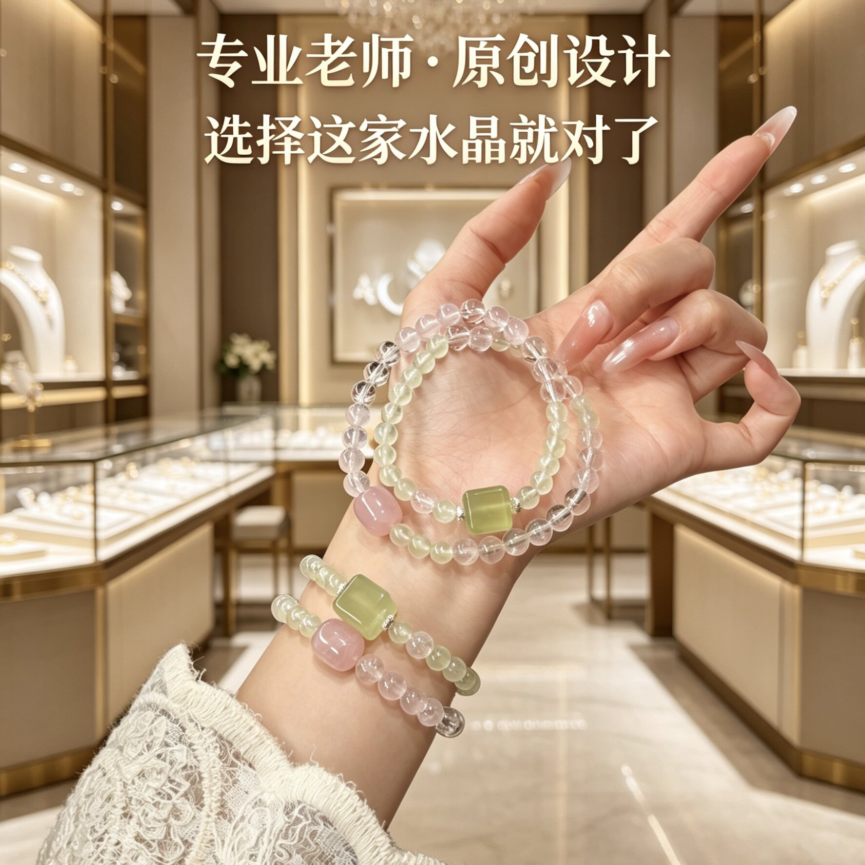 正品原创天然春日双圈水晶手串粉水晶葡萄石岫玉方糖手链礼物女