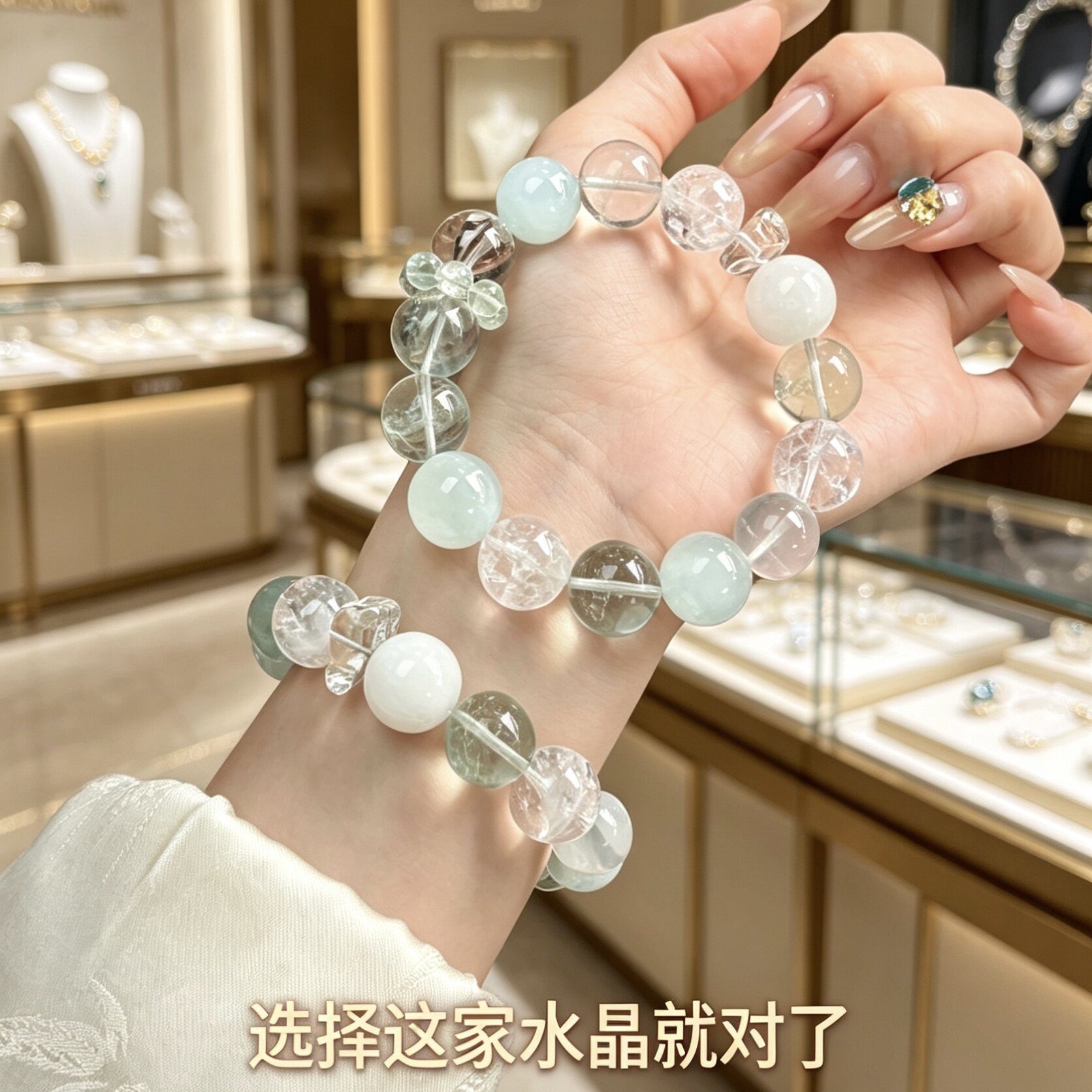 正品天然绿萤石白水晶海蓝宝白阿塞绿水晶粉水晶雪花幽灵手链礼物