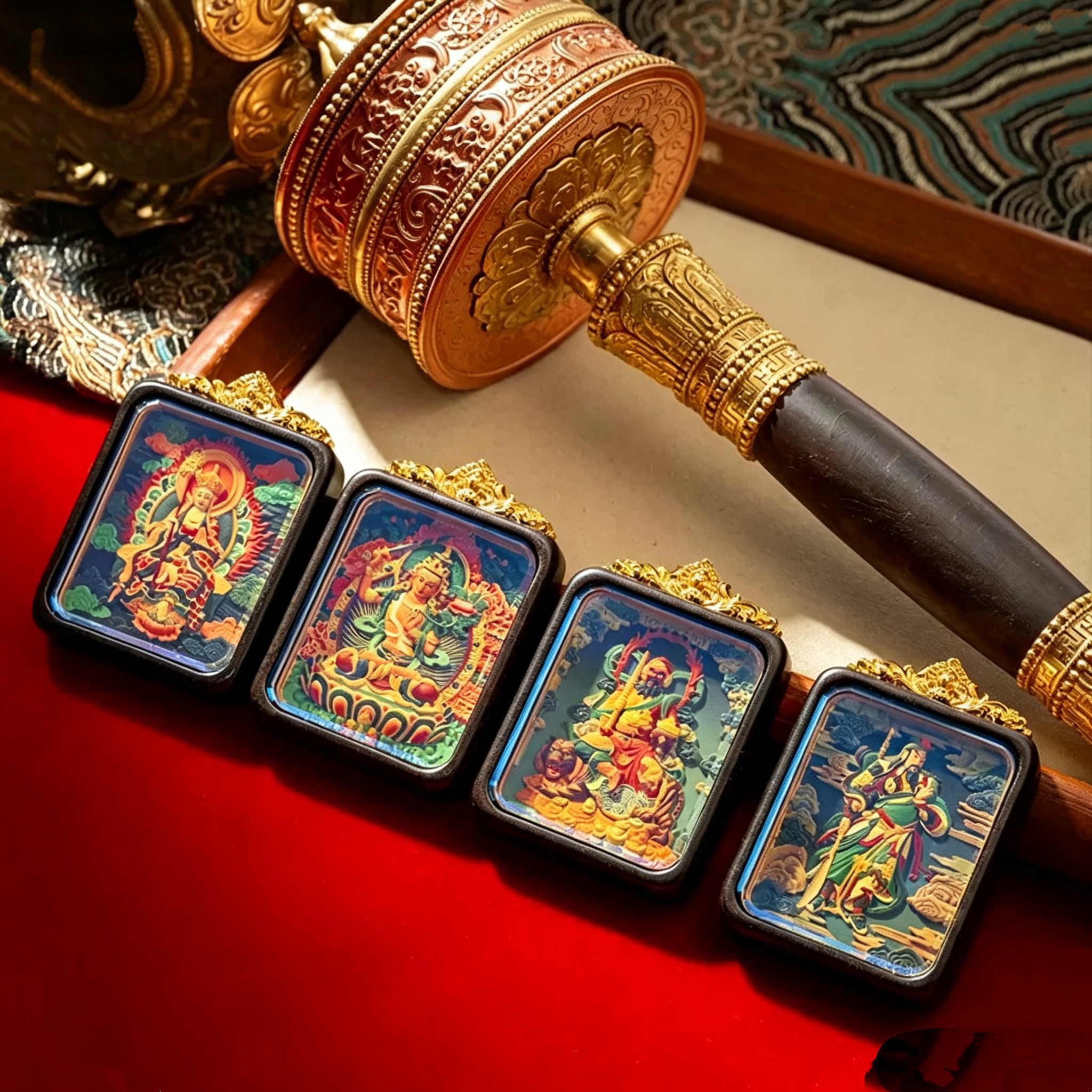 手绘唐卡扎基拉姆黄财绿度母黑财八大五爷吊坠定图立体擦擦唐卡