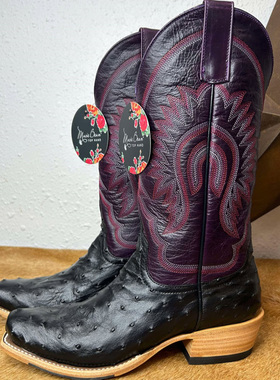 美国MACIE鸵鸟皮牛皮刺绣真皮方头高筒靴骑马靴复古西部牛仔靴女