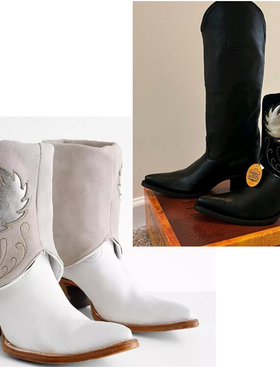 美国牛仔靴corral西部靴牛皮尖头十字架两穿刺绣白色复古骑马靴女