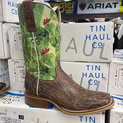 Tin Haul墨西哥手工牛皮仙人掌刺绣方头方跟中筒马靴西部牛仔靴女
