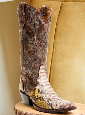 美国SHYANNE蟒蛇皮牛皮刺绣真皮高跟尖头骑马靴复古西部牛仔靴女