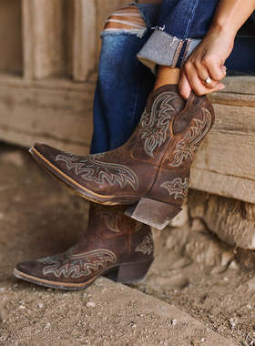 Durango美国西部牛仔靴油蜡牛皮真皮尖头短靴防滑底刺绣骑马靴女