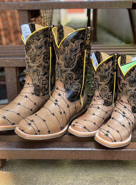 海外直邮Tin Haul打结刺绣西部牛仔靴牛皮真皮儿童骑马靴25-39码