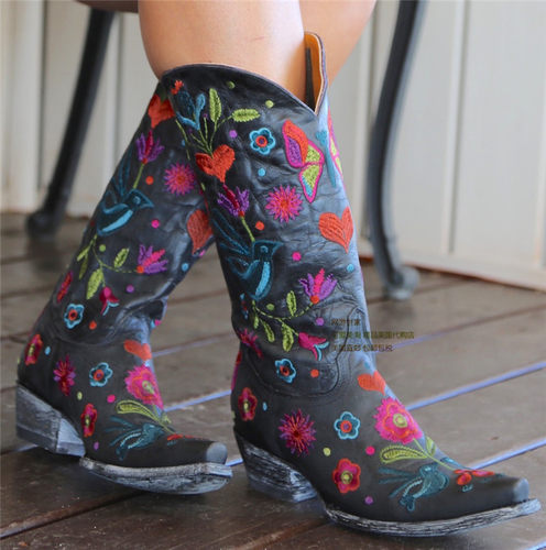 西部靴liberty牛皮花开蝶粗跟