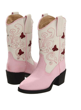 美国roper粉色皮面闪光蝴蝶刺绣中大童骑马靴儿童西部牛仔靴25-38