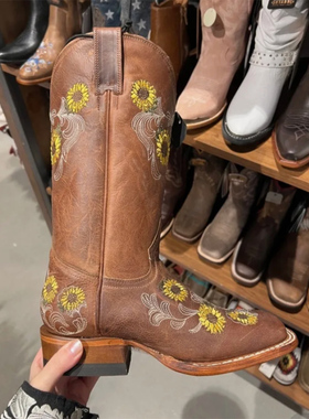 美国产SHYANNE向日葵刺绣牛皮中筒靴方头真皮西部牛仔靴骑马靴女