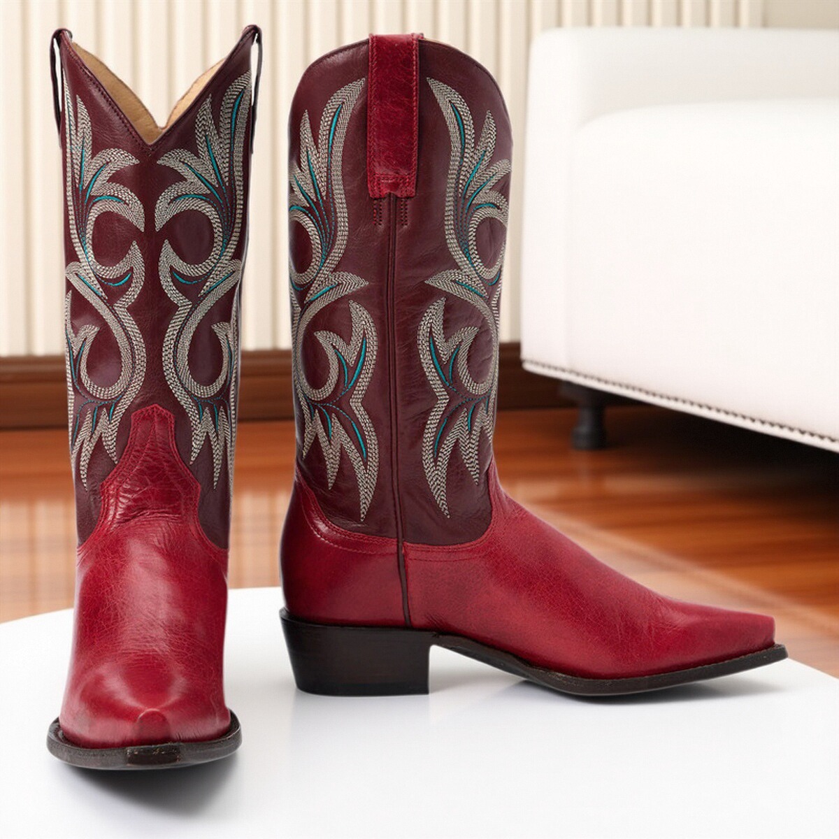 美国stetson牛皮真皮8排刺绣尖头红色高筒骑马靴复古西部牛仔靴女