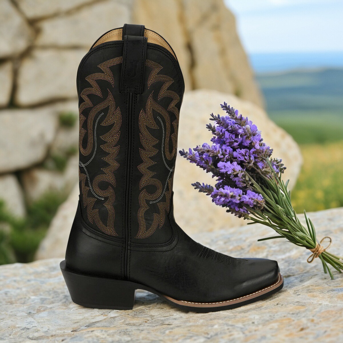 美国产JUSTIN牛皮方头马蹄跟真皮刺绣高筒骑马靴复古西部牛仔靴男