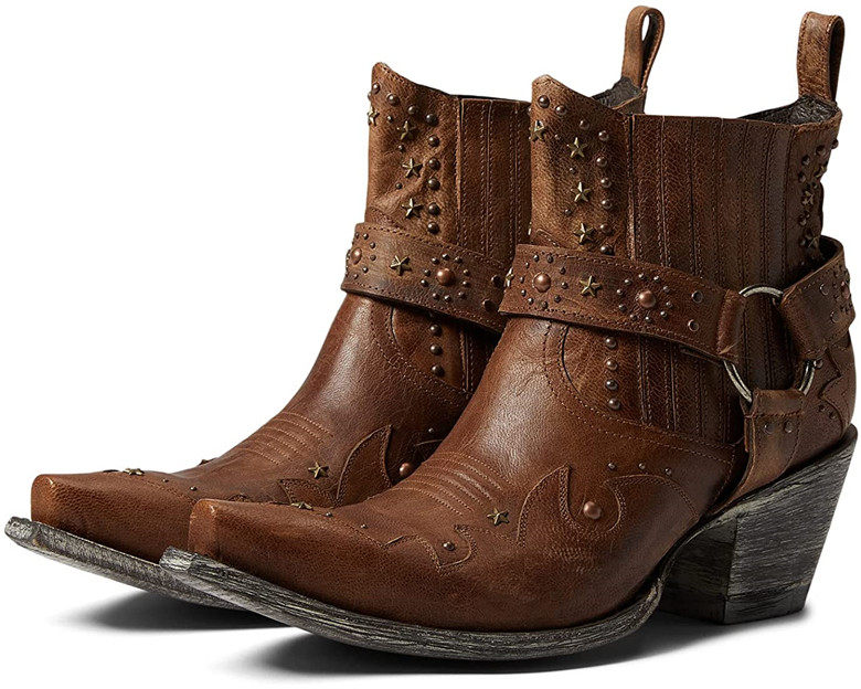 old gringo透气牛皮真皮铆钉松紧口粗高跟短靴墨西哥西部牛仔靴女