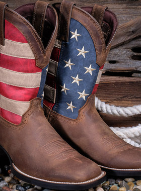 美国Durango牛皮国旗刺绣方头西部牛仔靴耐磨骑马靴男耐磨工装靴