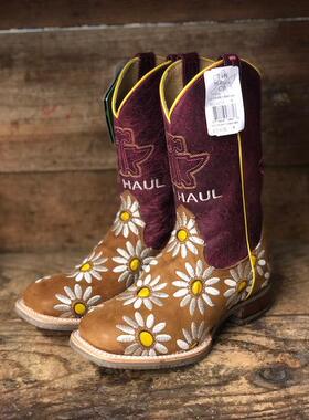 代购Tin Haul中大儿童小雏菊刺绣牛皮方头美国西部牛仔靴骑马靴