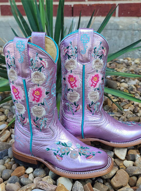 美国Macie 儿童刺绣西部牛仔靴金属牛皮真皮儿童西部马靴25-38码