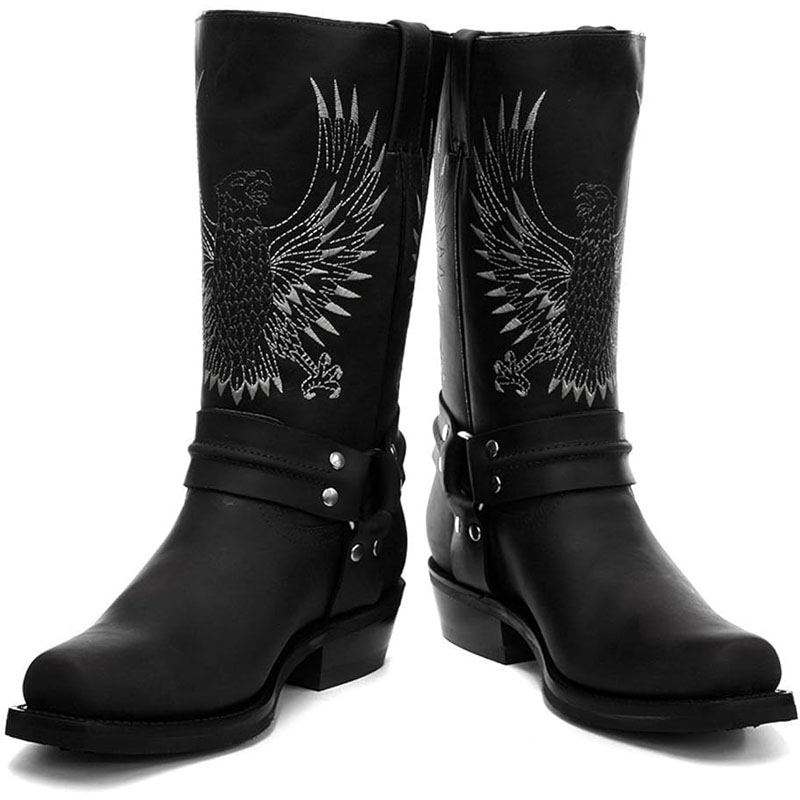 胎牛皮机车靴橡胶底粗跟摩托靴