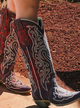 美式牛仔靴corral紫色绒牛皮祥云刺绣带钻高筒骑马靴真皮西部靴女