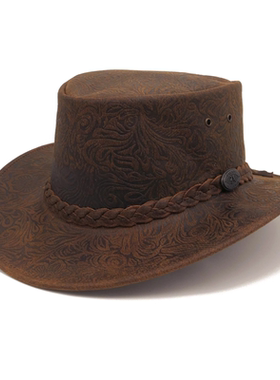 澳洲产kakadu防晒防水牛皮压花复古卷边真皮西部牛仔帽草原骑马帽