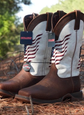 Durango牛皮真皮橡胶底美国国旗刺绣中筒工装靴机车靴牛仔靴男