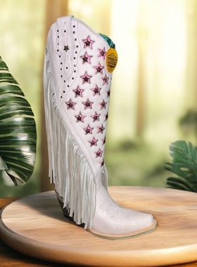 美国Corral铆钉星星刺绣牛皮真皮复古流苏长靴西部牛仔靴白色女靴