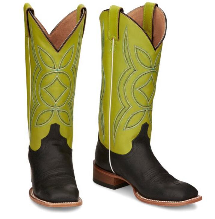 美国产Justin头层牛皮拼色刺绣复古西部牛仔靴真皮方头高筒马靴女