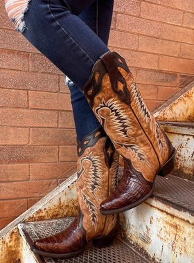 美国本土西部牛仔靴CORRAL鳄鱼皮真皮尖头刺绣尖头高筒骑马靴女