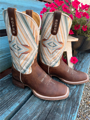 美国代购Roper刺绣牛皮真皮方头复古西部牛仔靴中筒大码骑马靴女