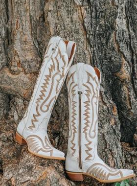 美国产DAN POST牛皮刺绣尖头真皮白色复古靴西部牛仔靴女瘦腿长靴