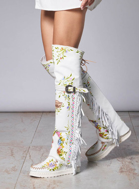 Vaquero意大利产小牛皮坡跟内增高过膝长靴刺绣流苏西部牛仔靴女