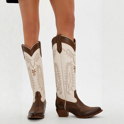 美国FRYE牛皮真皮里羽毛刺绣拼色尖头及膝长靴骑马靴西部牛仔靴女