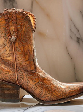 正品SHYANNE美国西部牛仔靴牛皮烫画绣真皮尖头短靴复古骑马靴女