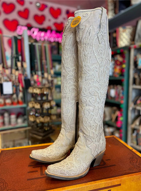 美国产CORRAL雕花刺绣牛皮高跟真皮白色复古西部牛仔靴女过膝长靴