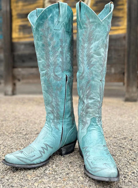 墨西哥old gringo青绿色牛皮刺绣瘦腿靴及膝长靴复古西部牛仔靴女