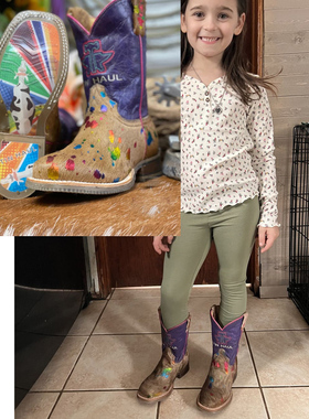 Tin Haul刺绣西部牛仔靴牛毛波点牛皮真皮女儿童西部马靴25-38码