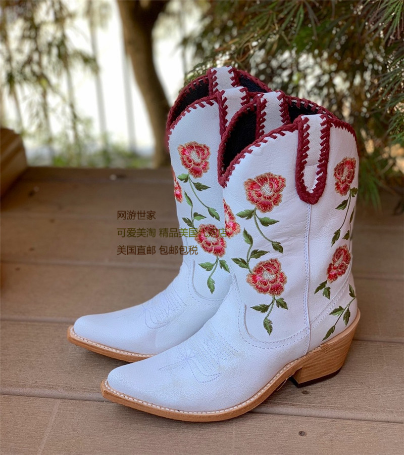 Liberty牛皮真皮里编织尖头粗跟绣花古装靴复古白色西部牛仔靴女