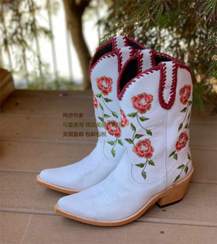 Liberty牛皮真皮里编织尖头粗跟绣花古装靴复古白色西部牛仔靴女