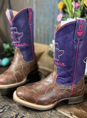 美国TIN HAUL牛皮心型刺绣真皮中大童骑马靴儿童西部牛仔靴25-38