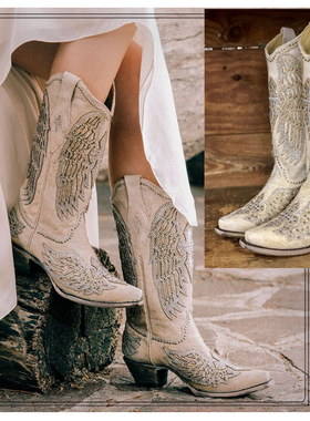Corral翅膀刺绣美国牛仔靴牛皮白色婚礼靴尖头复古西部靴真皮女靴